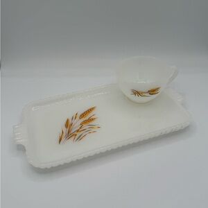 Fire King/Anchor Hocking White Milk Glass Tray and Tea Cup Set with Wheat Motif
